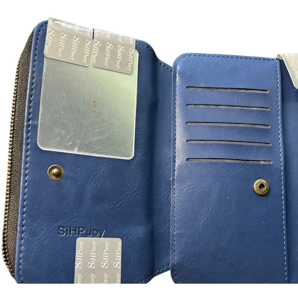 SiHPuoy Wallet Case iPhone 13 Pro Max Card Holder Zipper‎ Wrist Strap Blue